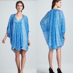 DVF Fleurette Blue Floral Printed Dress 8 Silk Overlay Kimono Sleeve